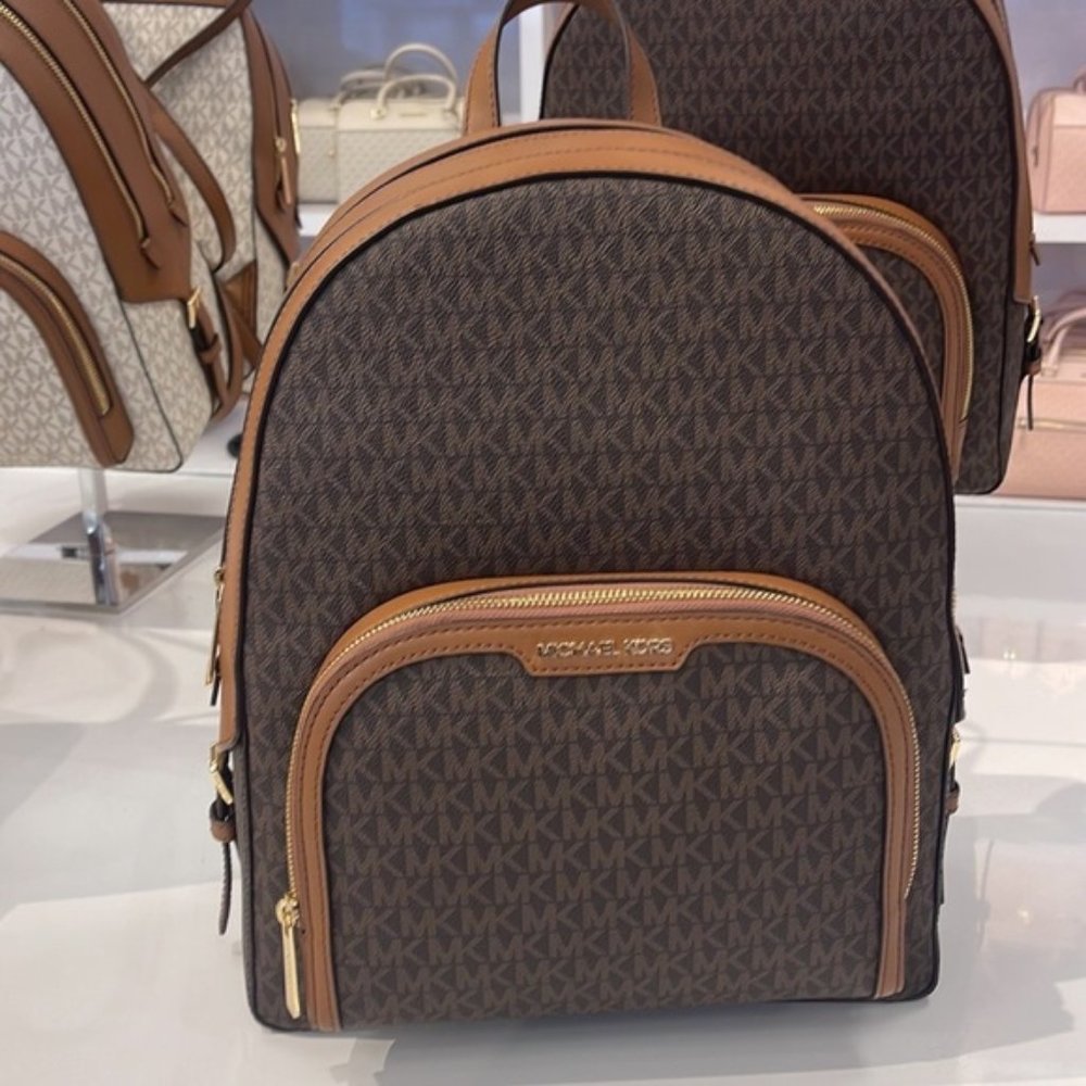 Michael Kors Brown Monogram Backpack with Tan Trim